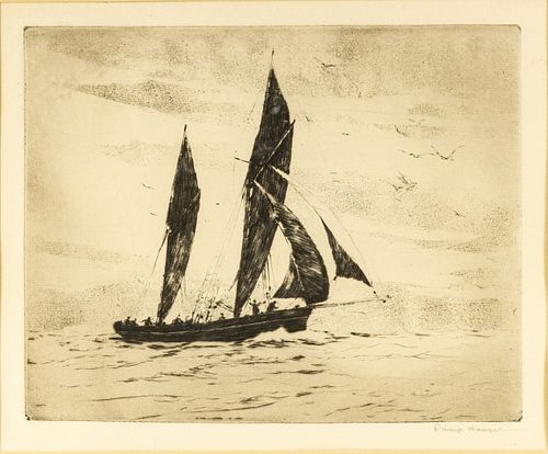 PHILIP KAPPEL, AM.1901 - 81, ETCHING, H 6" W 7.2" "RUNNING BEFORE THE WIND" 