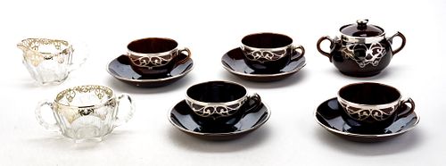 STERLING OVERLAY ON BROWN PORCELAIN  (9PC)S. C 1920 