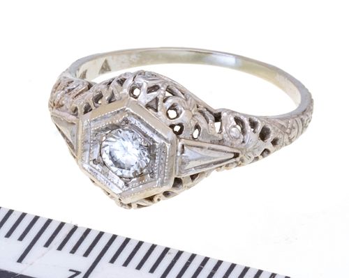 + DIAMOND AND 14KT WHITE GOLD ENGAGEMENT RING, SIZE 5 1/2 C 1910 DREICER & CO 