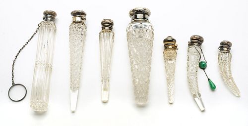 HAND CUT CRYSTAL AND STERLING  PERFUME VIALS C 1900 LOT OF 7 H 6" - 3" 