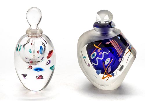 ART GLASS SIGNED PERFUME BOTTLES, TWO, H 4.5" - 5" CLARKE & GANDELMAN 
