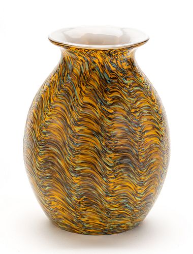 CASED BLOWN GLASS VASE IN YELLOW/BLUE SWIRL H 8" DIA 5" 