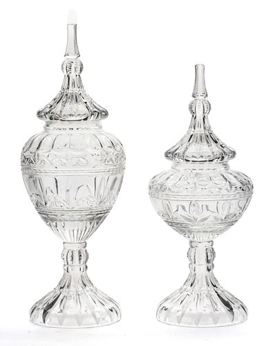 GLASS COVERED  CANDY JARS WITH SPEAR FINIALS C 1940, TWO H 18" DIA 6" 