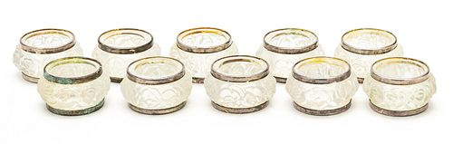FROSTED GLASS AND METAL NAPKIN RINGS, 20TH C., TEN PIECES, H 1.25", DIA 2.25" 