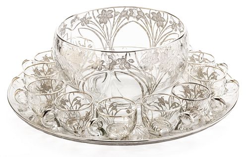 STERLING SILVER OVERLAY GLASS PUNCH BOWL, TRAY, 12 PUNCH CUPS DIA 10", 18", DAFFODIL MOTIF 