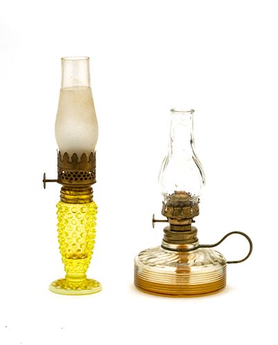 AMERICAN PRESSED GLASS OIL LAMPS, LATE 19TH C., TWO PIECES, H 6" AND 7.5" 