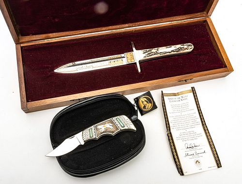 BUCK, GERONIMO 100TH ANNIVERSARY DAGGER AND FRANKLIN MINT 'SPIRIT OF WOLF' POCKET KNIFE, TWO PIECES, L 11 3/4" AND 6 3/4" 