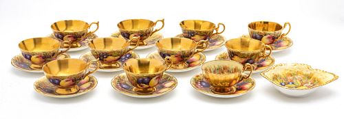 AYNSLEY PORCELAIN, GOLD INTERIOR CUPS/SAUCERS, SET OF 11 +DISH 23 PCS. HAND PAINTED FRUIT 