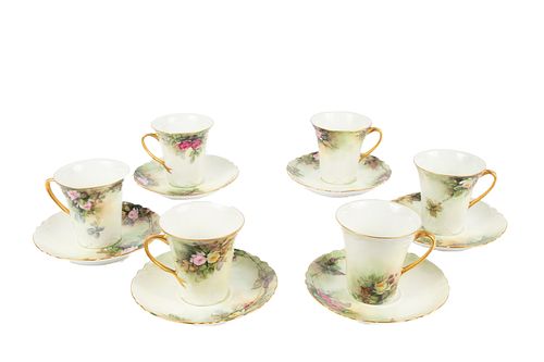 HAVILAND,FRANCE HAND PAINTED PORCELAIN CUPS AND SAUCERS, C 1900 SET OF SIX "ROSES" 