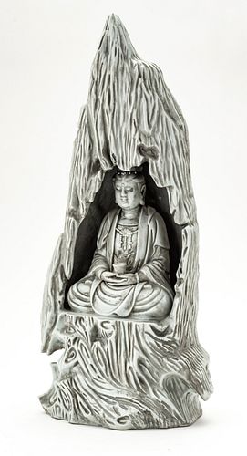 CHINESE GLAZED PORCELAIN SCULPTURE, H 19", W 10", SEATED FIGURE 