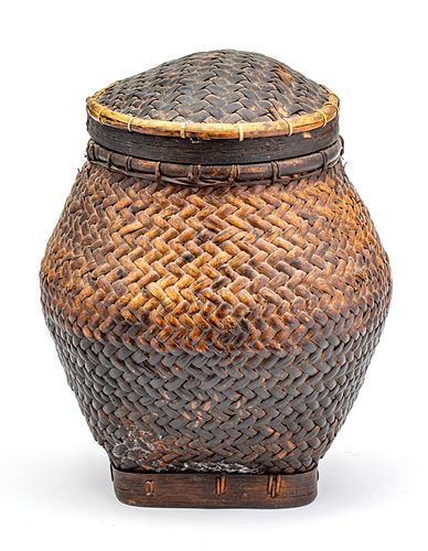 NEPAL HAND WOVEN SPLINT ASH BASKET WITH COVER H 16" W 11" 