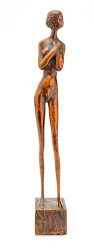 OTTOP, CARVED WALNUT SCULPTURE, H 16.5", STANDING NUDE 