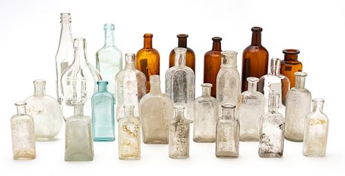 VINTAGE GLASS BOTTLE GROUPING 19TH/EARLY 20TH C.,  25 PCS.  