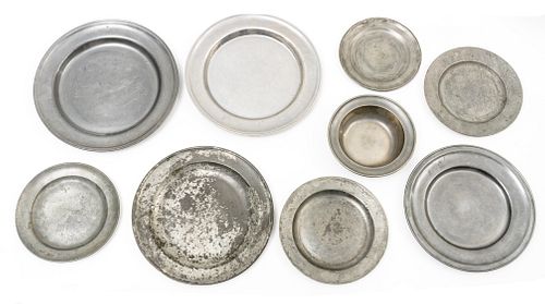 PEWTER PLATES AND BOWL EIGHT PLATES, ONE BOWL DIA 7.5"-13" 