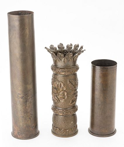 WWI TRENCH ART, BRASS SHELL CASING, HAND HAMMERED AND EMBOSSED C.1914-1920, THREE H 11" DIA 5" 