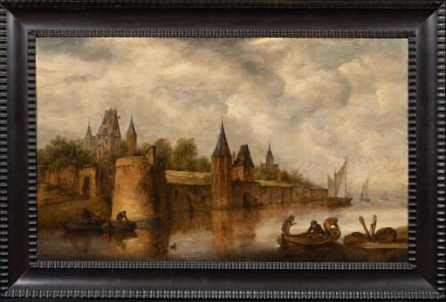 RIVER LANDSCAPE WITH FIGURES IN BOATS OIL PAINTING