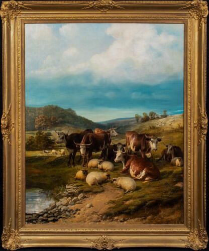  CATTLE AND SHEEP RESTING BY THE WATER OIL PAINTING