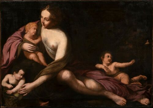 AN ALLEGORY OF MOTHERHOOD & CHARITY OIL PAINTING
