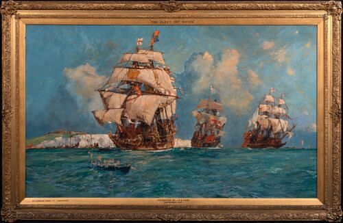 VIEW OF THE QUEEN'S SHIPS OFF DOVER CIRCA 1588 OIL PAINTING