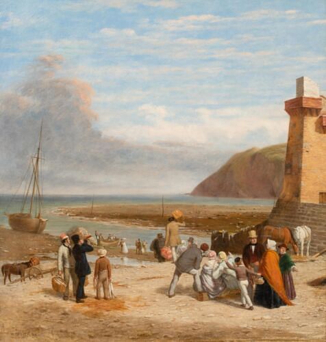  VIEW OF FIGURES AWAITING THE LYNMOUTH FERRY OIL PAINTING