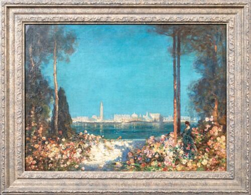 AN ENCHANTED GARDEN, VENICE IN TH DISTANCE OIL PAINTING