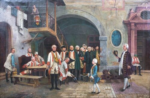 SCENE OF JOSEPH II, HOLY ROMAN EMEPEROR VISITING WOUNDED SOLDIERS OIL PAINTING