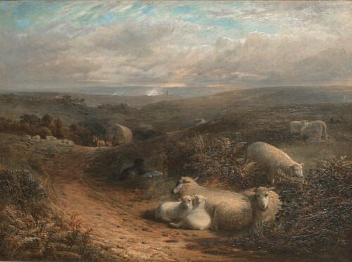 LANDSCAPE WITH SHEEP RESTING, NEAR GUILDFORD, SURREY OIL PAINTING