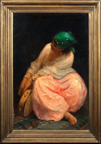  PORTRAIT OF A WOMAN HOLDING A TAMBOURINE OIL PAINTING