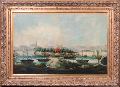 CHINESE TRADE EXPORT HARBOUR LANDSCAPE OIL PAINTING