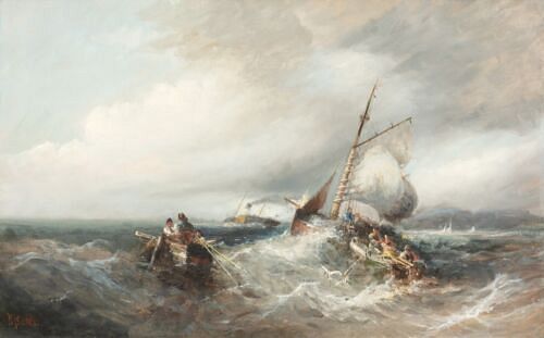  VIEW OF SHIPS IN A STORM OFF A HARBOUR OIL PAINTING