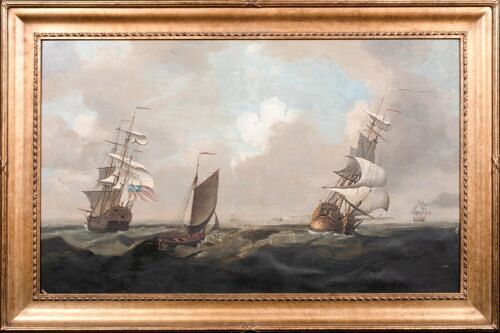 BRITISH ROYAL NAVY SQUADRON MANEUVERING OFF DOVER OIL PAINTING