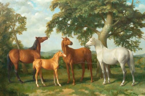 HORSES BY AN OAK TREE OIL PAINTING