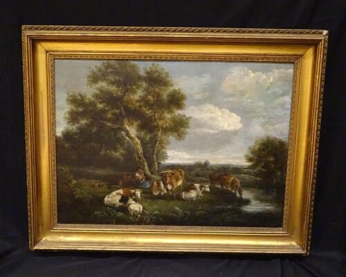  CATTLE, DROVER & SHEPHERDESS RESTING BY A STREAM OIL PAINTING