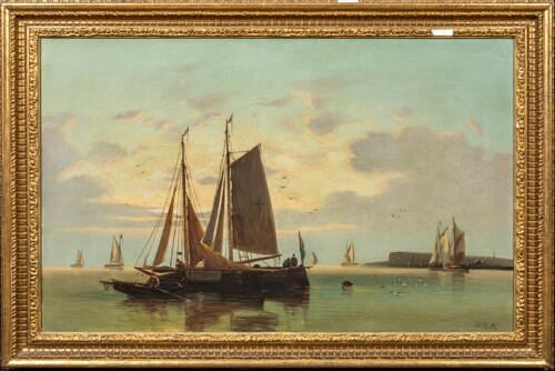SUNSET VIEW OF DUTCH SHIPS IN A CALM ESTUARY OIL PAINTING