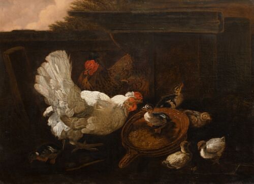  SCENE OF CHICKEN AND CHICKS ON A FARM OIL PAINTING