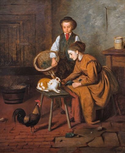  SCENE OF A MOTHER AND A SON FEEDING A RABBIT OIL PAINTING
