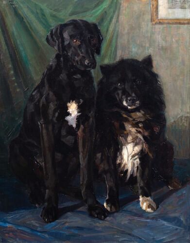 PORTRAIT OF A BLACK LABRADOR AND COLLIE OIL PAINTING