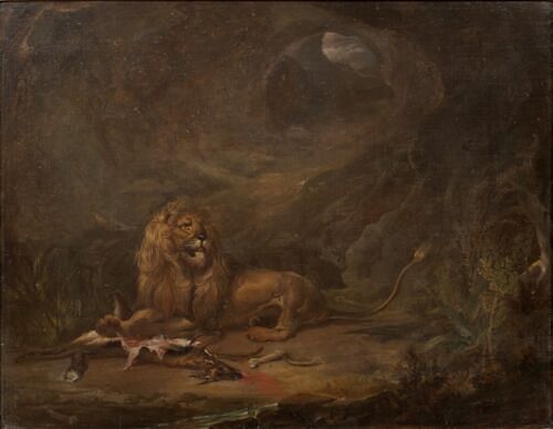  LION AND AN ANTELOPE CARCASS OIL PAINTING