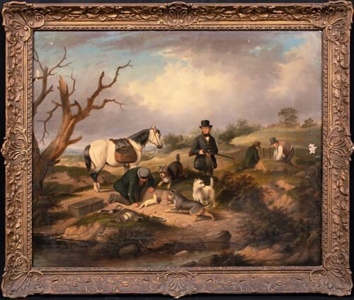  HUNTSMEN AND TERRIERS & FERRETS RABBITING OIL PAINTING