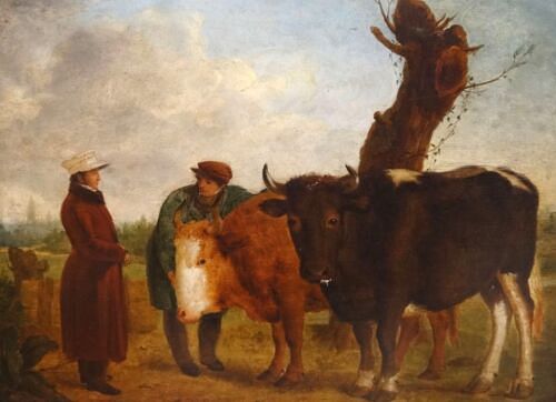  PRIZE BULL SCENE WITH THE FARMER AND OWNER OIL PAINTING
