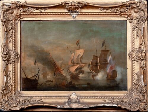  SCENE OF BRITISH ROYAL NAVY AND DUTCH SHIPS OIL PAINTING