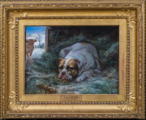 PORTRAIT OF A BULLDOG IN A MANGER  OIL PAINTING