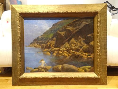  SCENE OF A NUDE GIRL ON THE ROCKS AT PENBERTH OIL PAINTING