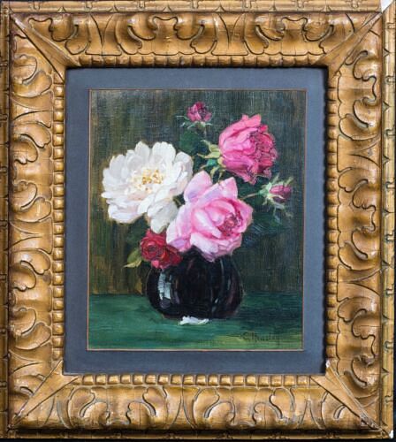 STILL LIFE PINK WHITE ROSES FLOWERS OIL PAINTING