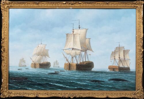 SCENE WITH VARIOUS SHIPS OFF THE COAST OIL PAINTING