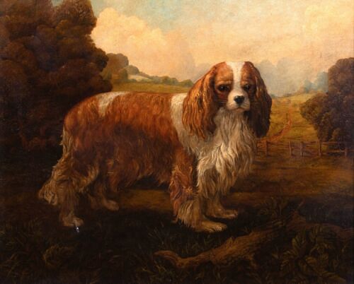 PORTRAIT OF A KING CHARLES SPANIEL "BISCUIT" IN A LANDSCAPE OIL PAINTING