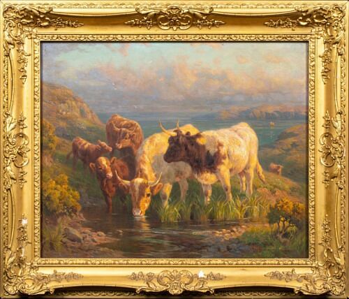  SCENE OF CATTLE ON THECLIFFS AT LANDS END, CORNWALL OIL PAINTING