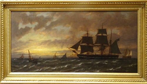 SCENE OF VARIOUS SHIPS OFF THE COAST OIL PAINTING