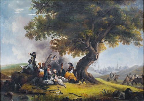 TURKISH & EUROPEAN NOBLES PICNIC AT CONSTANTINOPLE OIL PAINTING