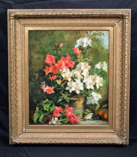 STILL LIFE STUDY OF AZELEAS IN A GARDEN OIL PAINTING